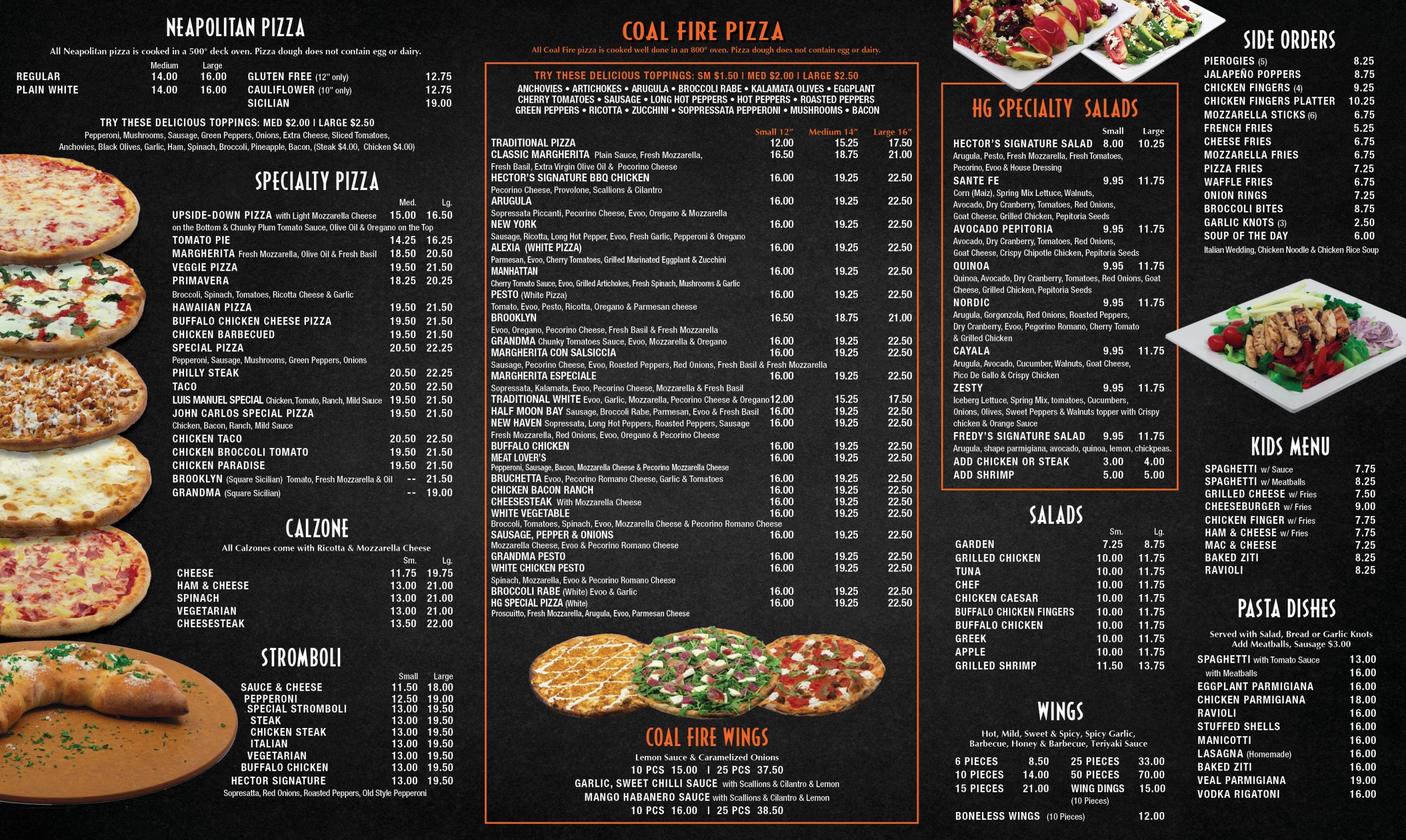 A menu for a pizza restaurant.